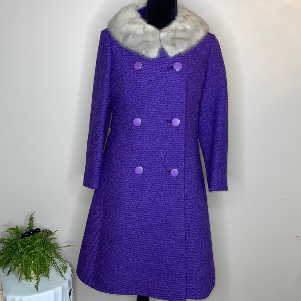 Vintage Purple Wool Coat with Faux Fur Collar